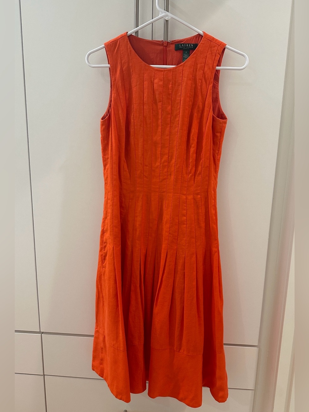 Lauren Ralph Lauren Linen Sleeveless Orange Pleated Midi Dress with pockets